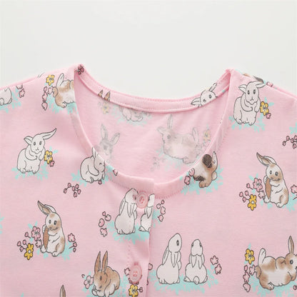 3-8T Summer Girls Dresses Rabbits Printed Buttons Short Sleeve Party Birthday Frocks Children's Costume Baby Dresses