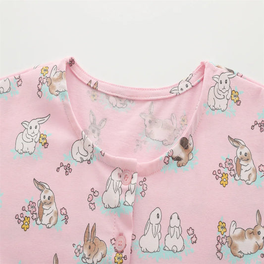 3-8T Summer Girls Dresses Rabbits Printed Buttons Short Sleeve Party Birthday Frocks Children's Costume Baby Dresses