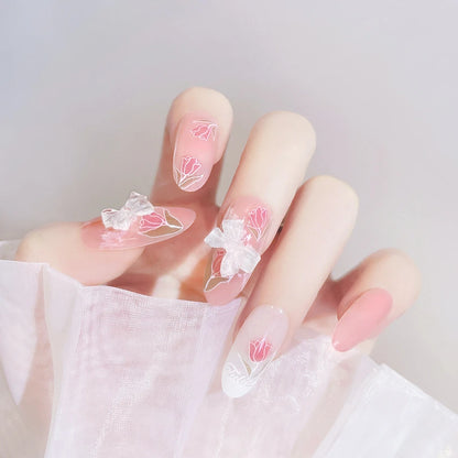 24Pcs/Set Pink Bow French Fake Nails Art Cute with Diamonds Girls Reusable Ballet Press on Nail Tips Oval Acrylic Stick on Nails