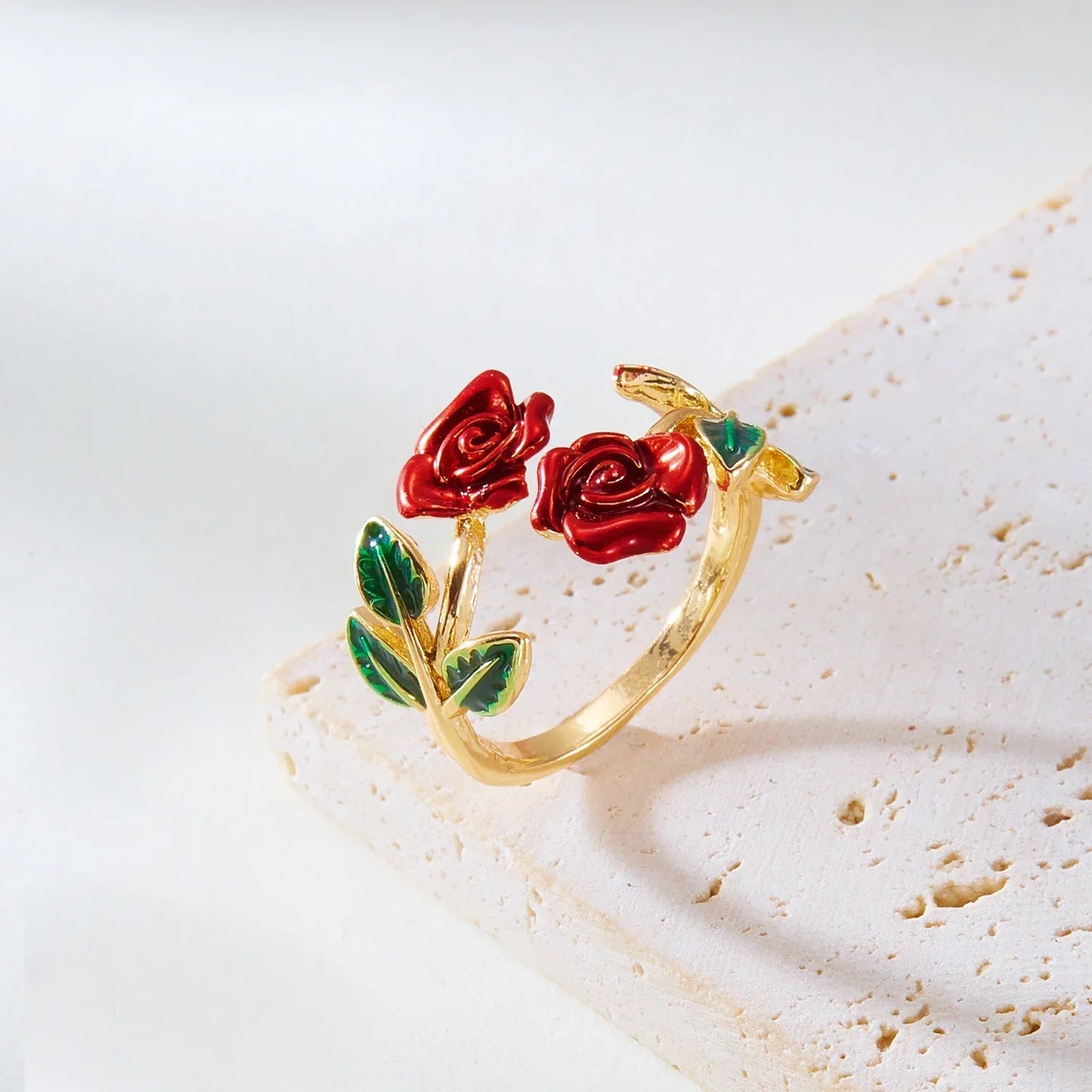 Vintage Charm Red Rose Flower Bracelet Ring Set For Women Vintage Open Adjustable Cuff Bangle Finger Ring Party Wedding Jewelry