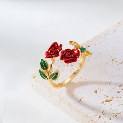 Vintage Charm Red Rose Flower Bracelet Ring Set For Women Vintage Open Adjustable Cuff Bangle Finger Ring Party Wedding Jewelry