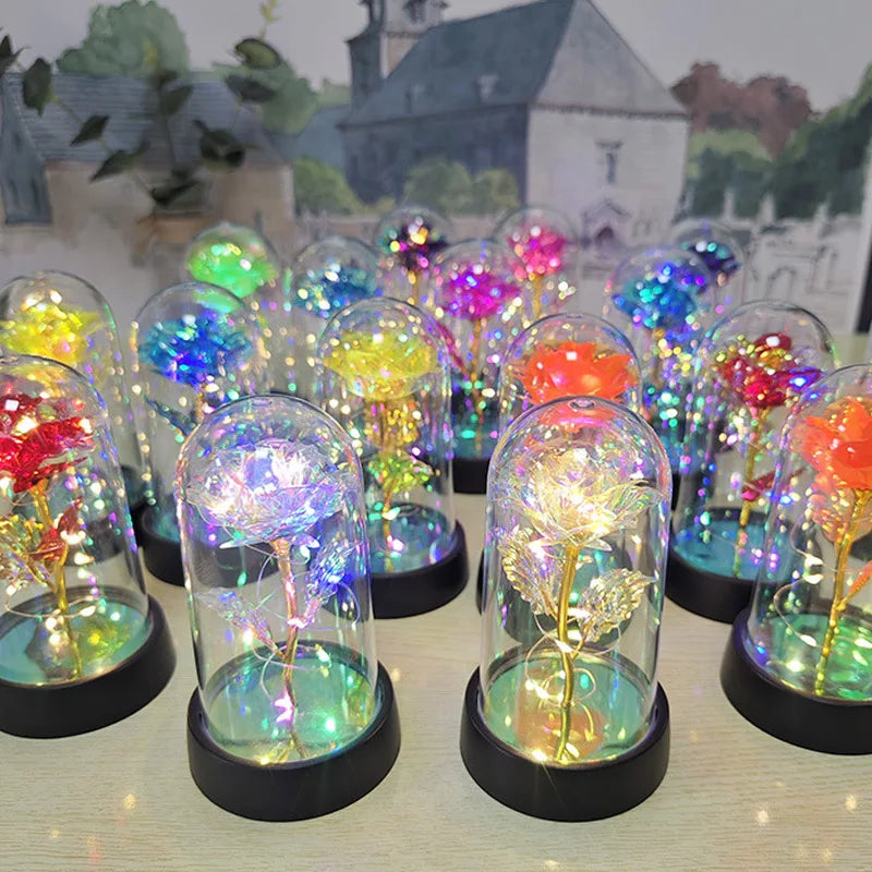 Valentines Day Gift for Girlfriend Eternal Rose LED Light Foil Flower In Glass Cover Mothers Day Wedding Favors Bridesmaid Gift