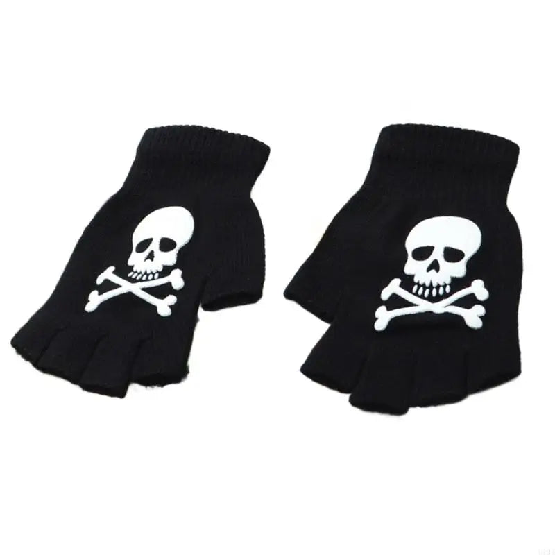 Warm Thermal Gloves Thick Stylish Mitten Gloves Half Finger Halloween Handwear Stylish Skeleton Gloves for Girl Women