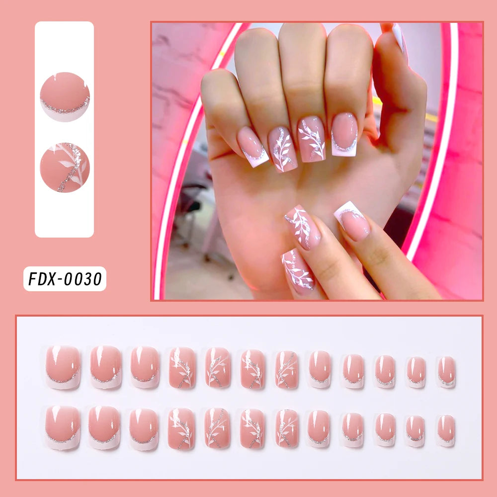 24Pcs White French Square Press on Nails with 3D Bowknot Full Cover Short False Nail Wearable Fake Fingertip for Women&Girls DIY