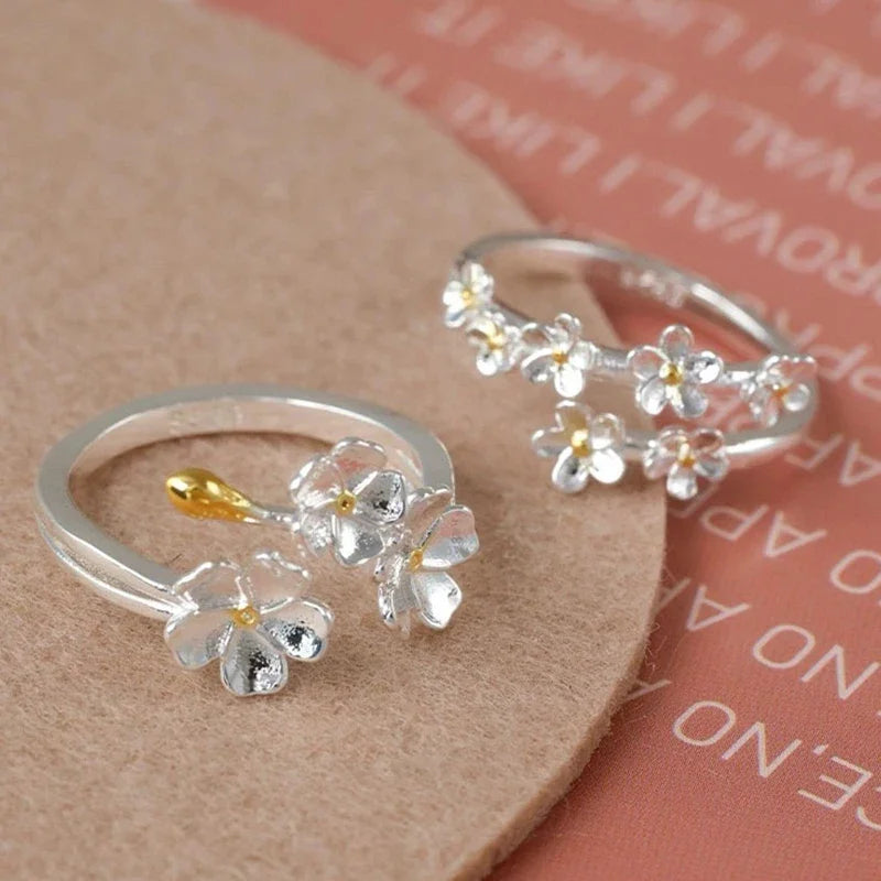 Unique Delicate Flower Opening Adjustable Rings for Women Silver Color Minimalist Finger Ring Engagement Jewelry Female Gift