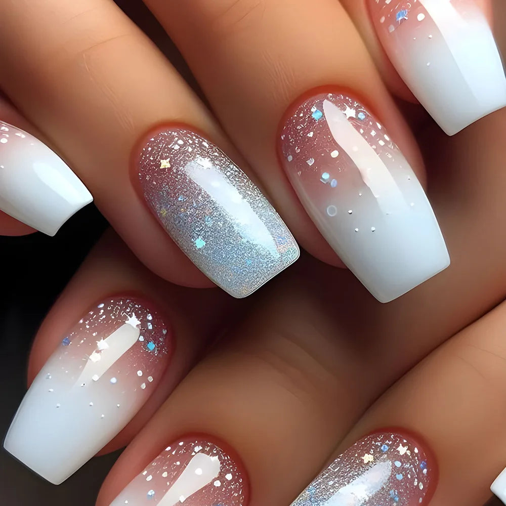 24Pcs Ballerina Fake Nails with Glue Solid Color Acrylic Press on Nails Glossy Gradient Full Cover Wearable Nail Manicure Tips