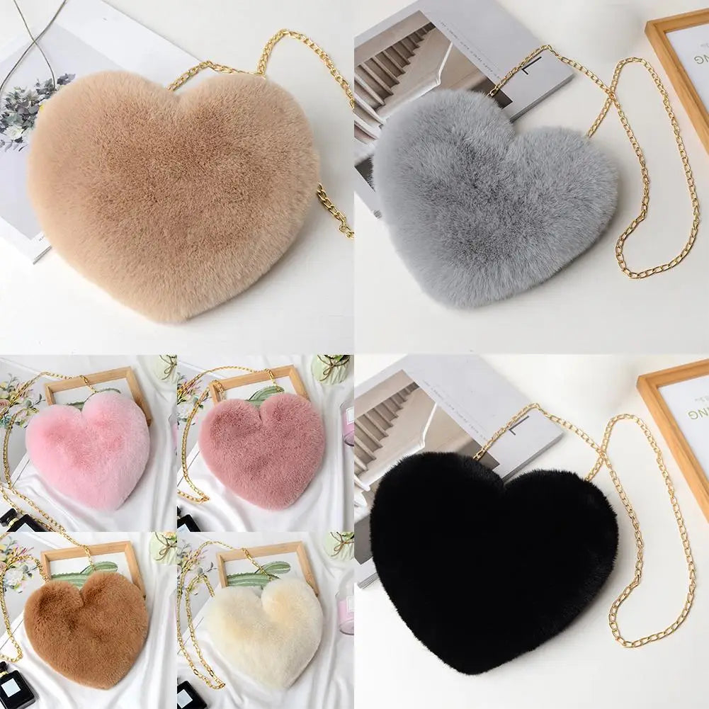 Fashion Women's Heart Shaped Handbags Cute Kawaii Faux Fur Crossbody Bags Wallet Purse Plush Chain Shoulder Bag Lady Handbag