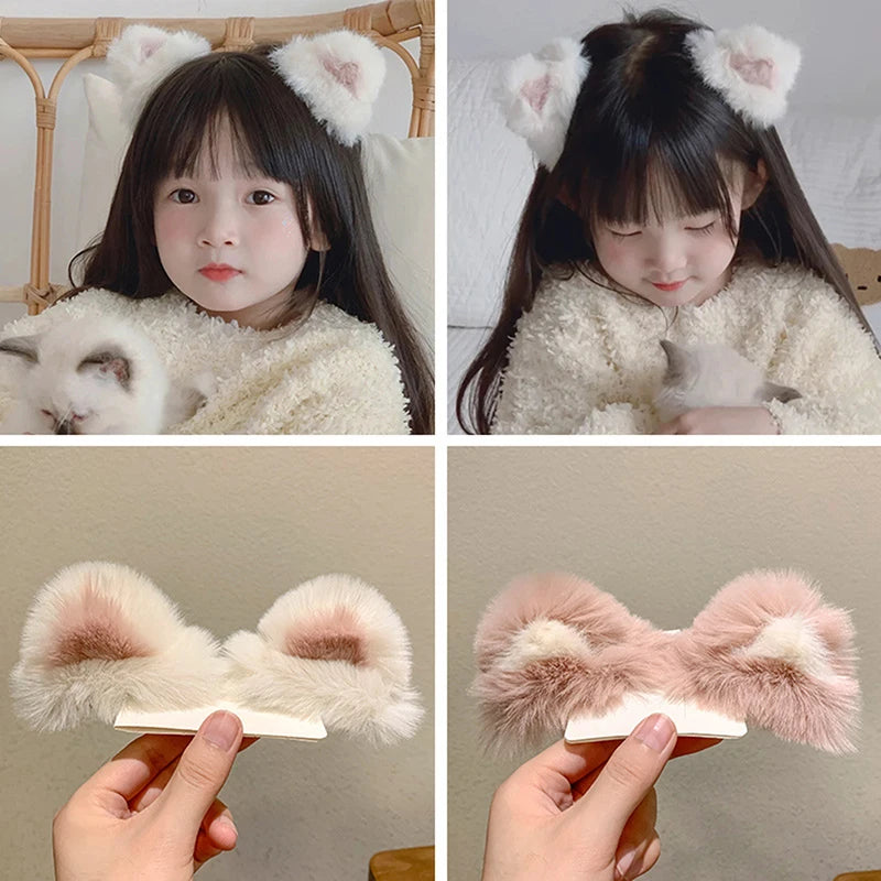 Girls Cartoon Fluffy Hairpin Ladies Sweet Style Cat Ear Shape Side/Top Bangs Clip Female Cute Hair Accessories