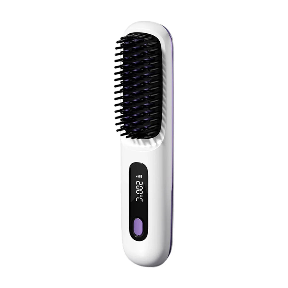 Portable Straightener Brush Cordless Hair Straightener Brush 3Setting Temperature Rechargeable Ceramic Hot Comb Brush for Travel
