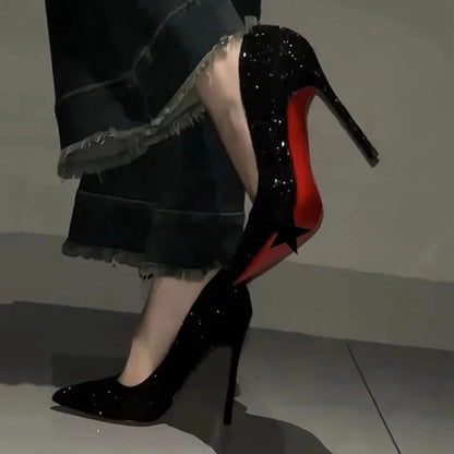 Red Sole High Heels Women's Spring Summer 2025 New Black Thin Heel Sexy Pointed Toe Professional Atmosphere Single Shoes