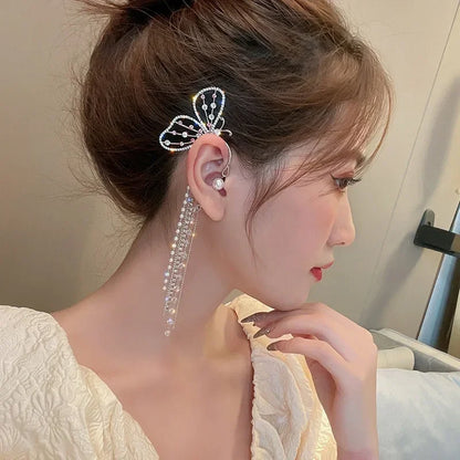 Fashion Crystal Butterfly Clip Earring for Women Pearl Bead Ear Cuff Long Tassels Charm Hollow Earrings Clip Xmas Jewelry Gifts