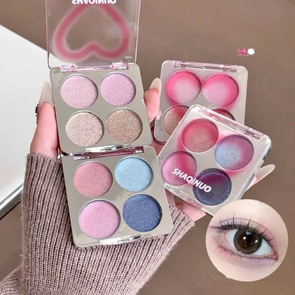 Eyeshadow Highlighter Palette, 4 Shade Galaxy Glitter & Matte, Icy Pink & Blue Shimmer Brightening Powder, Natural Silky Smooth