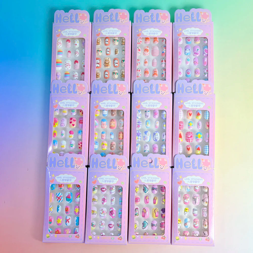 24PC/Box Children's Press On Nails With Jelly Glue Girl's Colorful Cartoon Full Cover Bear Bunny Cat Pattern Fake Nail FalseNail