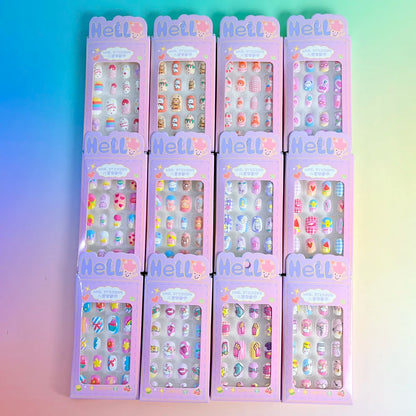 24PC/Box Children's Press On Nails With Jelly Glue Girl's Colorful Cartoon Full Cover Bear Bunny Cat Pattern Fake Nail FalseNail