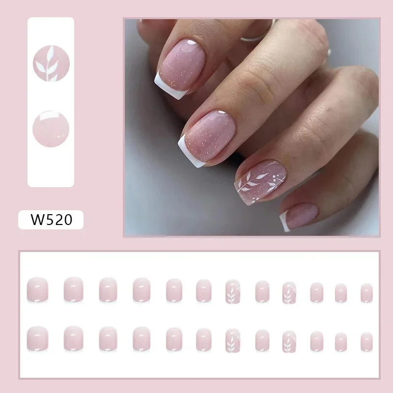 Fresh Green Tea 24 Pcs Fake Nail with Jelly sticker Press on False Nails Wearable Round Head Oval Full Cover Nail Tips