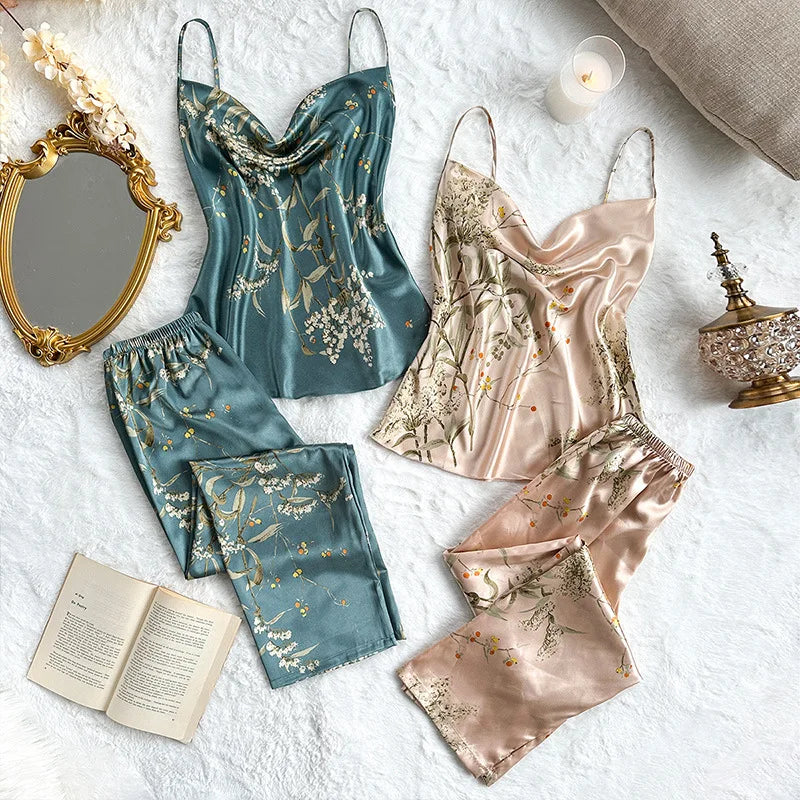 2Pcs Summer Sexy New Fashion Women's Pajamas Top Women Printed Backless Slip Dress Imitation Silk Loungewear Simple Sleepwear
