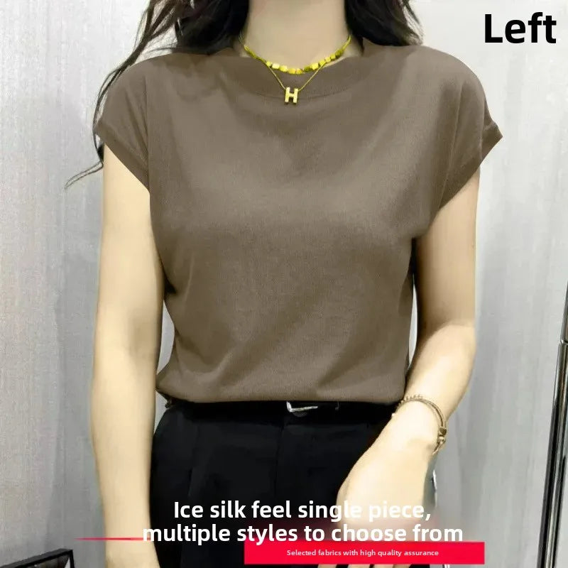 High Elasticity Ice Silk Thread Summer New Loose Women's T-Shirt Short Sleeve Crew Neck Simple Style Pure Color Top