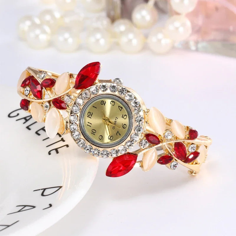 Vintage Women Quartz Watches Luxury Alloy Bangle Bracelet Watch Fashion Rhinestone Flower Ladies Watch Female Clock Reloj Mujer