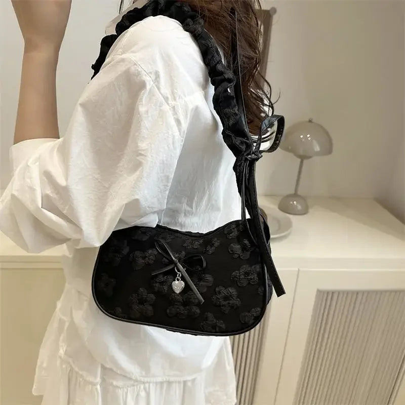 Chic Crescent Bag for Women with Bow Floral Print Pleated Design Trendy Crossbody Bag Sweet Girl's Luxurious Commuter Handbag