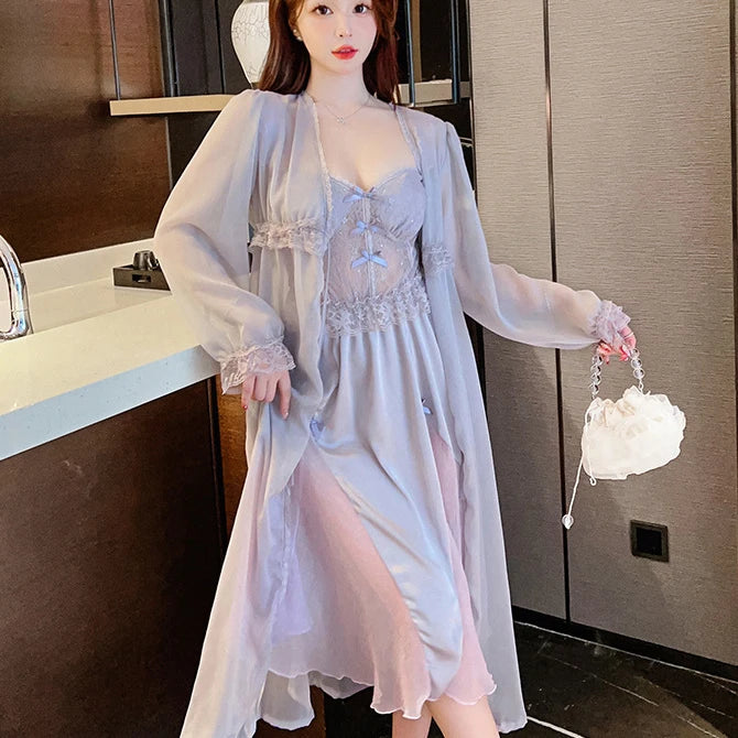 Sexy Long Wedding Twinset Robe Set Nightgown Patchwork Lace Suspender Nightdress Summer Bathrobe Gown Loose Silk Satin Homewear