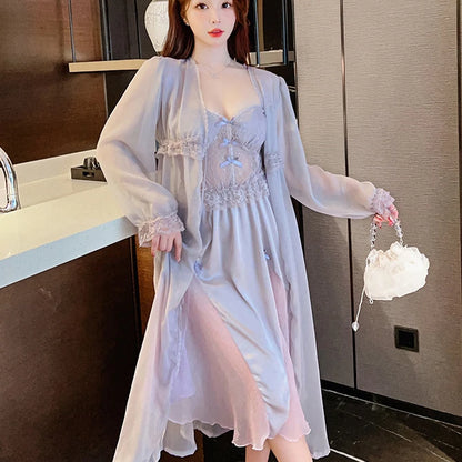 Sexy Long Wedding Twinset Robe Set Nightgown Patchwork Lace Suspender Nightdress Summer Bathrobe Gown Loose Silk Satin Homewear