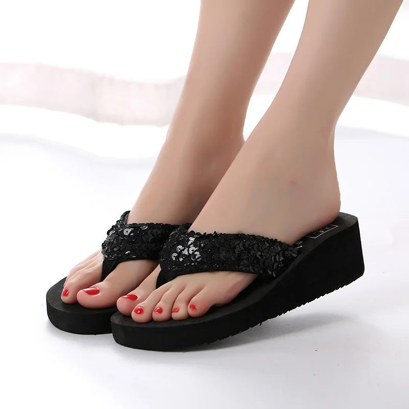 Women Summer Sandals Sequins Beach Female Flip Flops Ladies Slippers High Heels Shoes For Women 2024 Platform Wedges Slippers