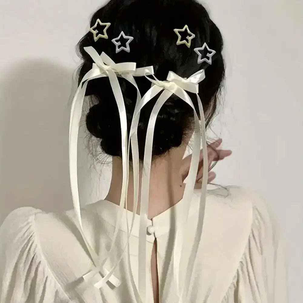 6pcs/Set Colorful Star Shaped Snap Hair Clips Y2k Metal Duck Bill Barrettes With Bowknot Tassel Women Girls Hair Accessories