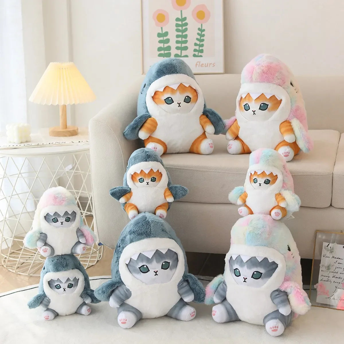 Kawaii Shark Cat Plush Toy Soft Stuffed Colorful Shark Cat Doll Kids Toys Birthday Christmas Gift for Boys Girls