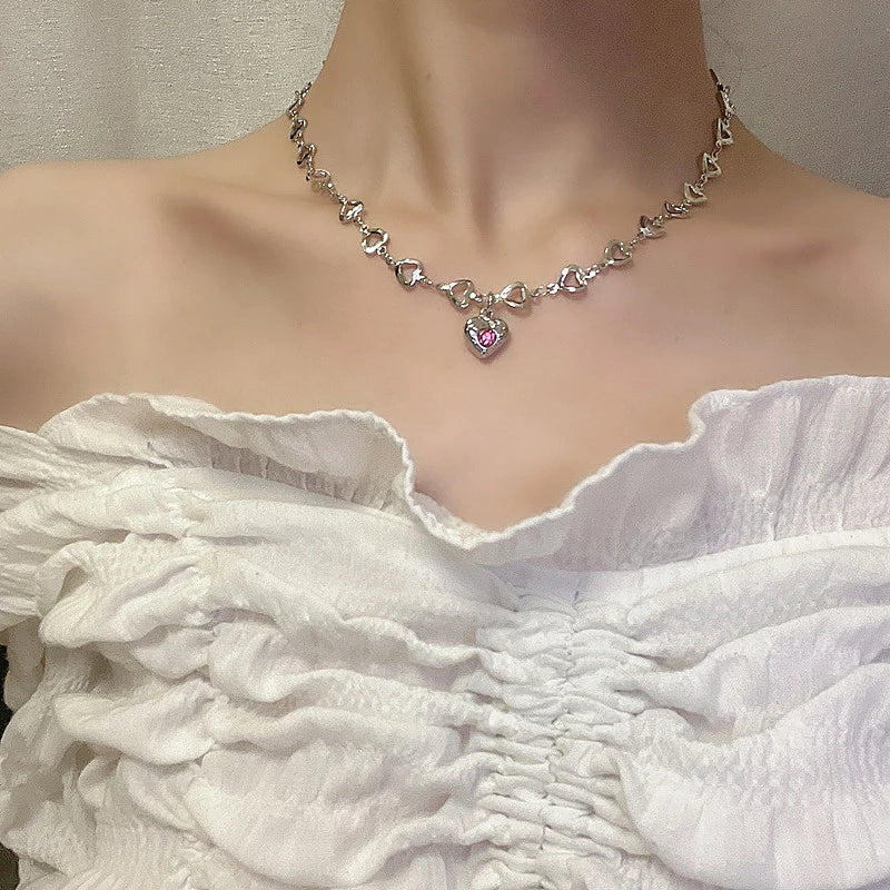 Kpop Fairy Zircon Wings Heart Crystal Pendant Necklace For Women Heart Clavicle Chain Choker Fashion Y2K Egirl Emo Jewelry Gifts