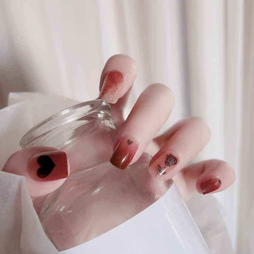 24Pcs/Set Pink Bow French Fake Nails Art Cute with Diamonds Girls Reusable Ballet Press on Nail Tips Oval Acrylic Stick on Nails