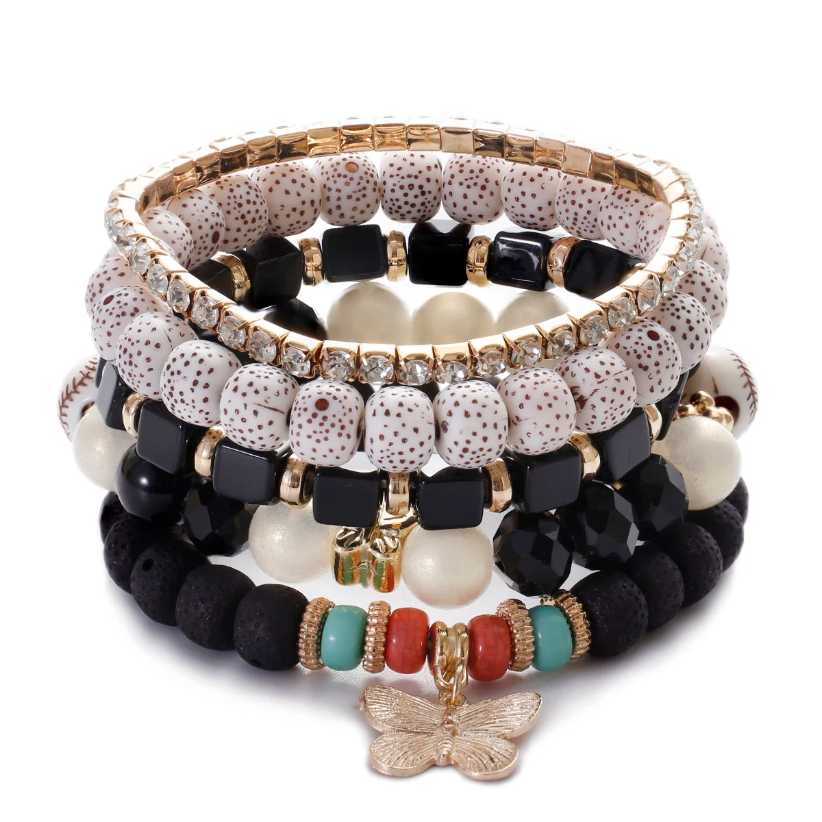 3pcs Boho Bohemian Pink Butterfly Pendant Charm Beads Bracelets Set For Women Stone Wristband Bracelet Bangles Pulseras Feminina