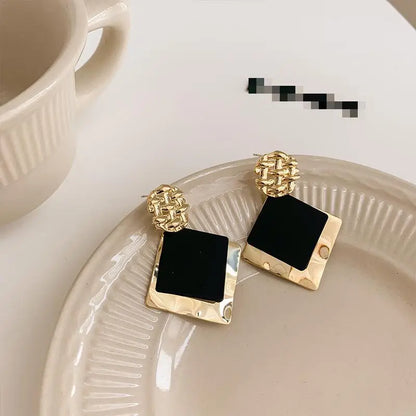 Double Color Rhombus Shape Dangle Earrings For Women Hollow Golden Metal Lattice Drop Earrings Geometry Party Punk Jewelry
