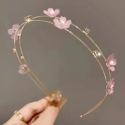 New Double Layer Metal Hairband Flower Pearl Headband for Women Headwear Shiny Rhinestone Hair Band Hoop Hair Accessories