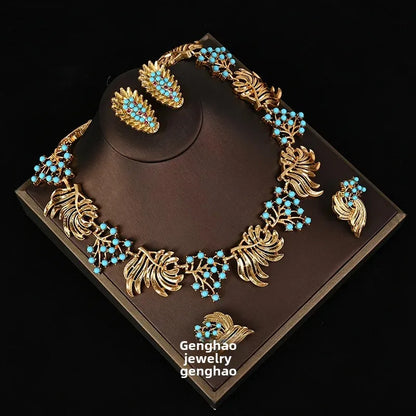 Vintagevintage Light Blue Rhinestone Vacuum-Plated Hollow Relief Elegant Necklace Earrings Jewelry Set For Special Occasions