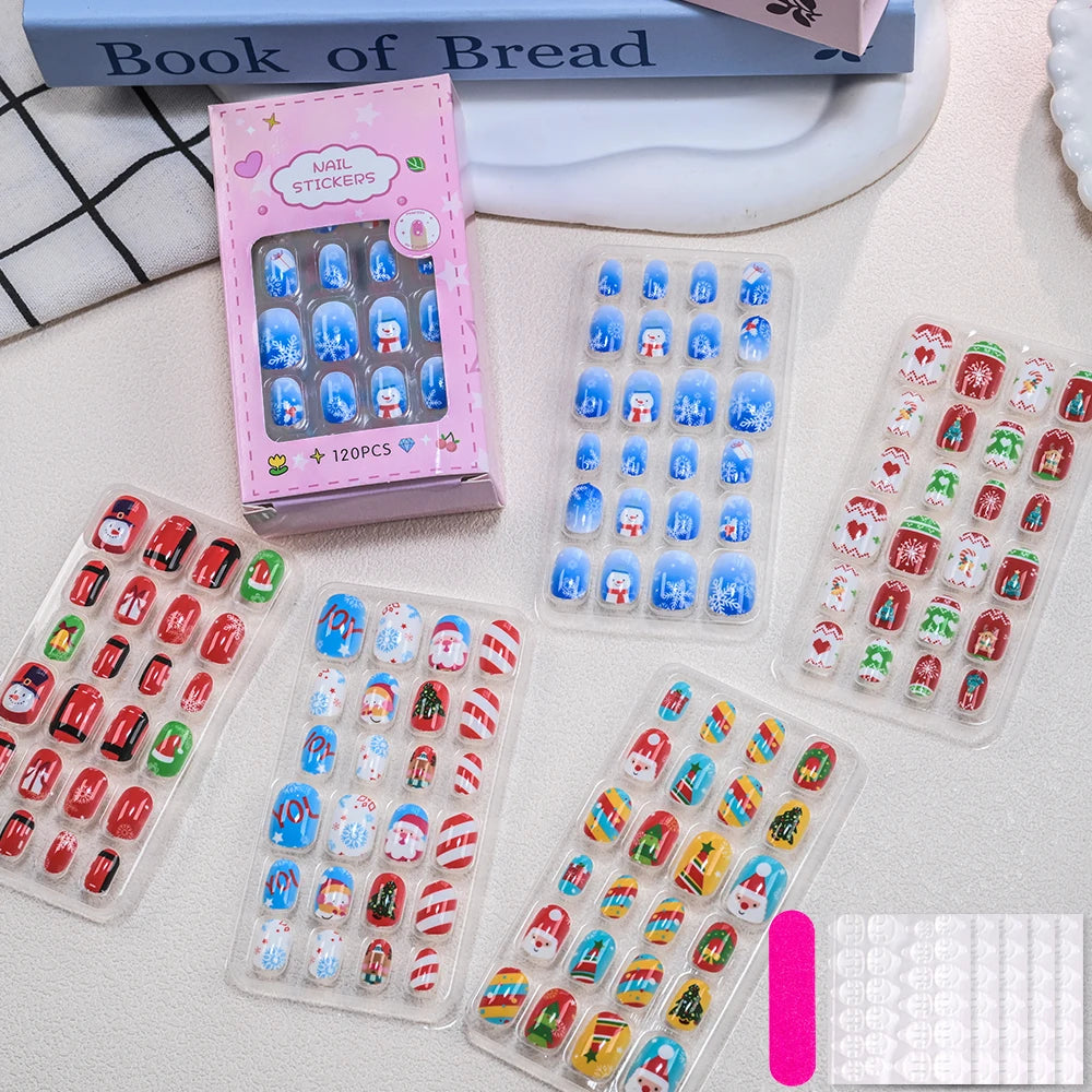 120pc/Box Kid's Christmas Press On Nails Kawaii Cartoon Santa Snowman Xmas Tree Full Cover Acrylic False Nail Kid Christmas gift
