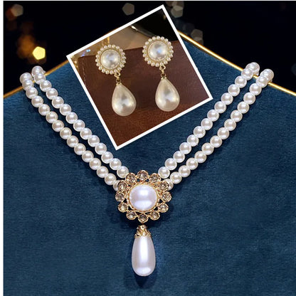 SHMIK Elegant Vintage Palace Full Pearl Pendant Necklace Chains Earrings For Women Lady Classic Exquisite Chorker Chains Jewelry