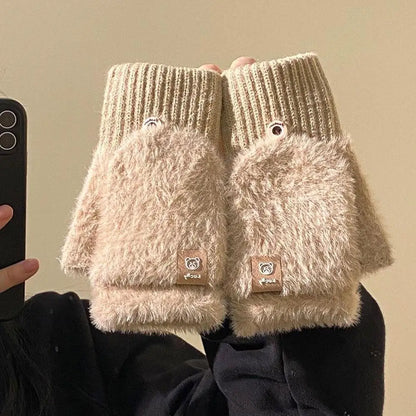 Winter Soft Fleece Half Finger Gloves Plush Knitted Fingerless Gloves Fuzzy Flexible flip Wrist Mittens Student Writting Gloves