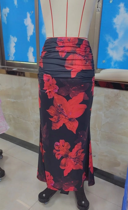 Women's Pleated A-Line Skirt Vintage Flower Printed Ruched Bodycon Skirts Summer Leisure Vacation Long Skirt