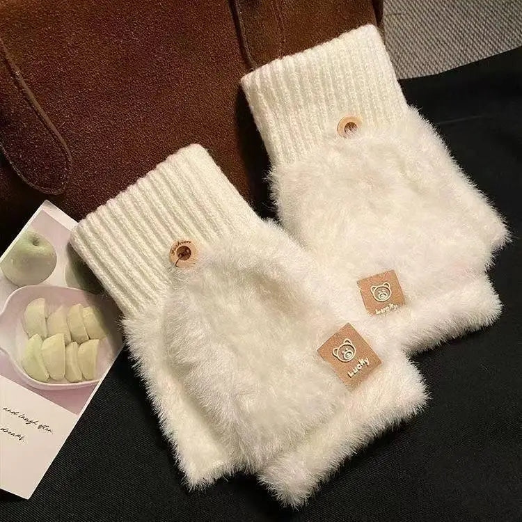 Winter Soft Fleece Half Finger Gloves Plush Knitted Fingerless Gloves Fuzzy Flexible flip Wrist Mittens Student Writting Gloves