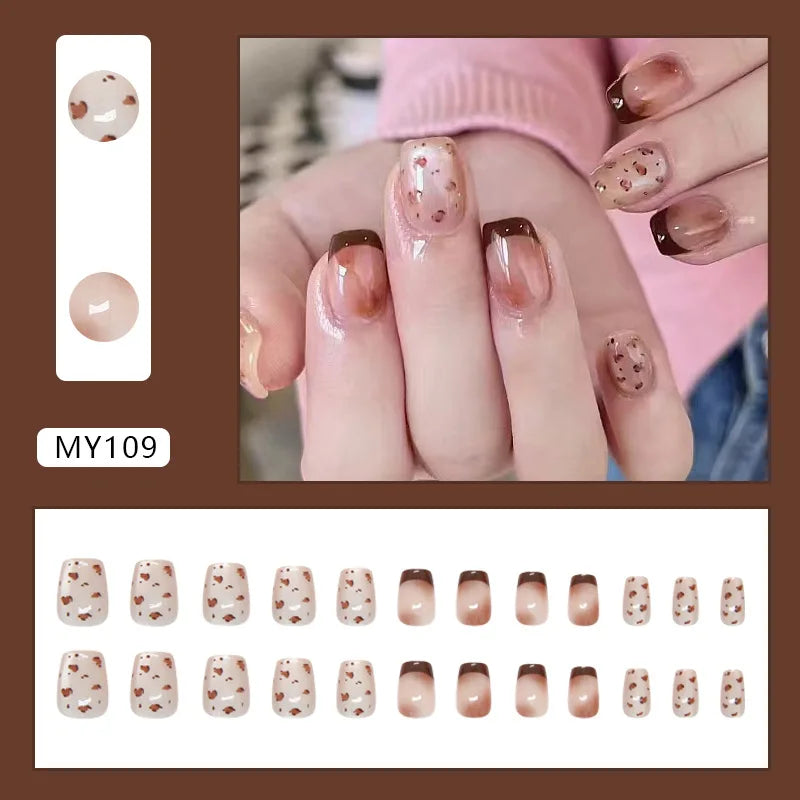 Caramel Flower 24 Pcs Press on Nails Pink Gradient Fake Nails Glossy Artificial Finger Manicure Reusable False Nails for Women