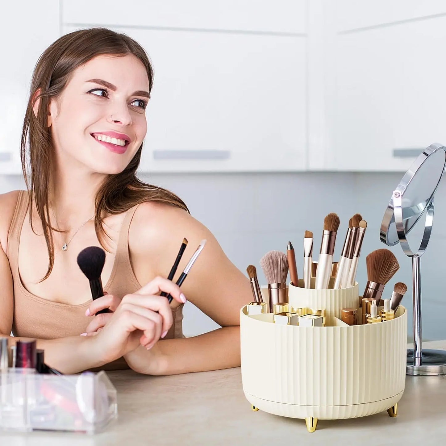 Makeup Brush Holder Organizer 360° Rotating Makeup Brush Desktop Organizer 5 Slot Make up Brushes Cup for Supply Bathroom Vanity