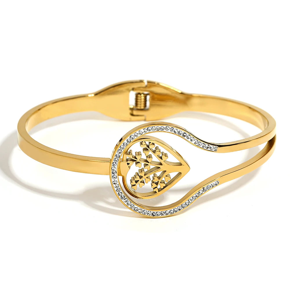 Greatera Irregular Hollow Leaf Flower Decoration Stainless Steel Opens Bracelet For Women Men Cubic Zircon Filled Luxury Bangle