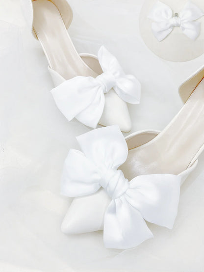 1 pair of new bride shoes white big bow women's shoe buckle DIY detachable daily all matching slimming satin shoes flower shoe c