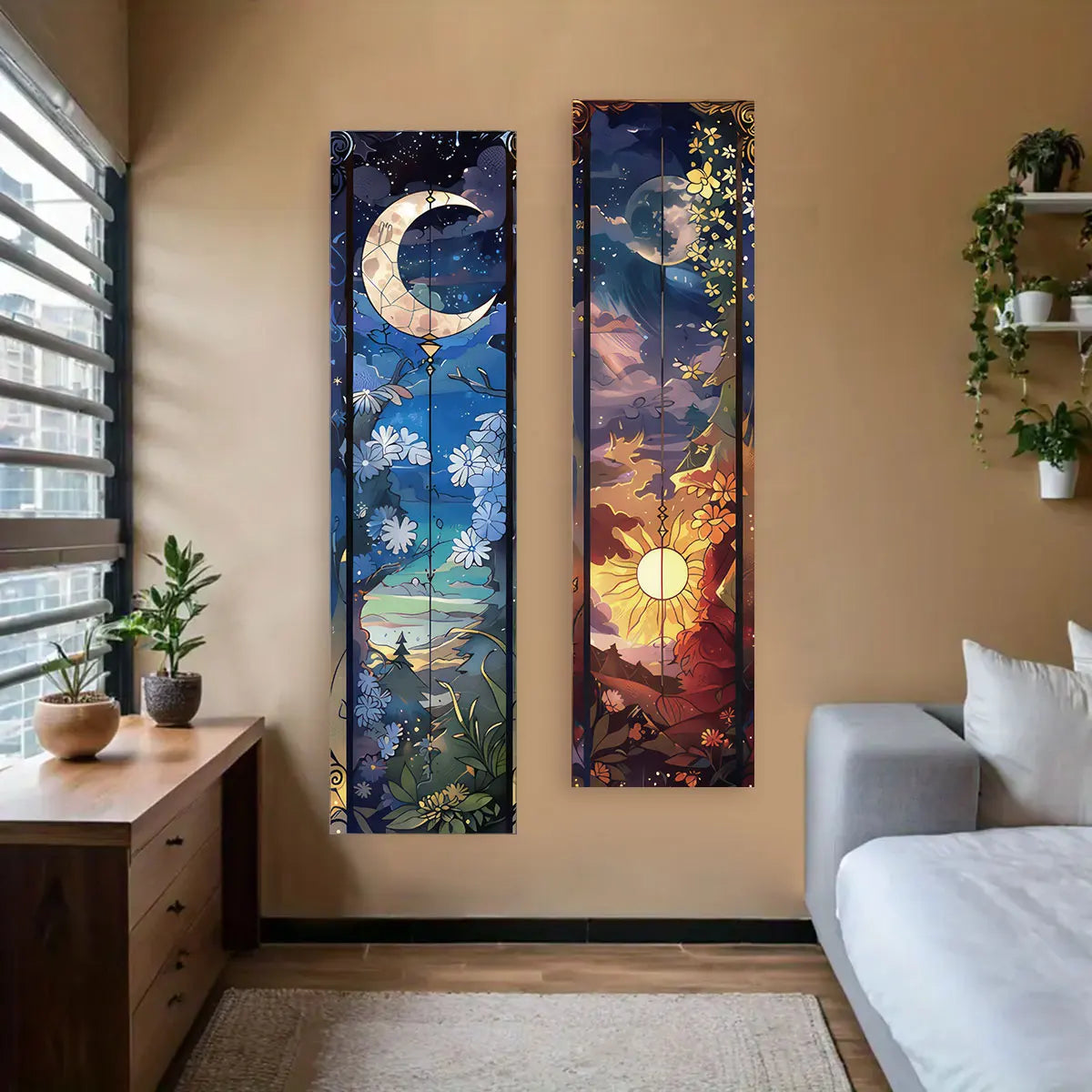 Landscape Vertical Banner Sun And Moon Tapestry Tree of Life Floral Starry Night Wall Decoration Aesthetic Tapestry Home Decor