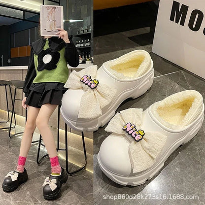 Women's Fairy Tale Style Thick Bottom Cotton Slippers Winter Waterproof Outdoor Cute Butterfly Knot Heel Fleece Lined Anti-sl...