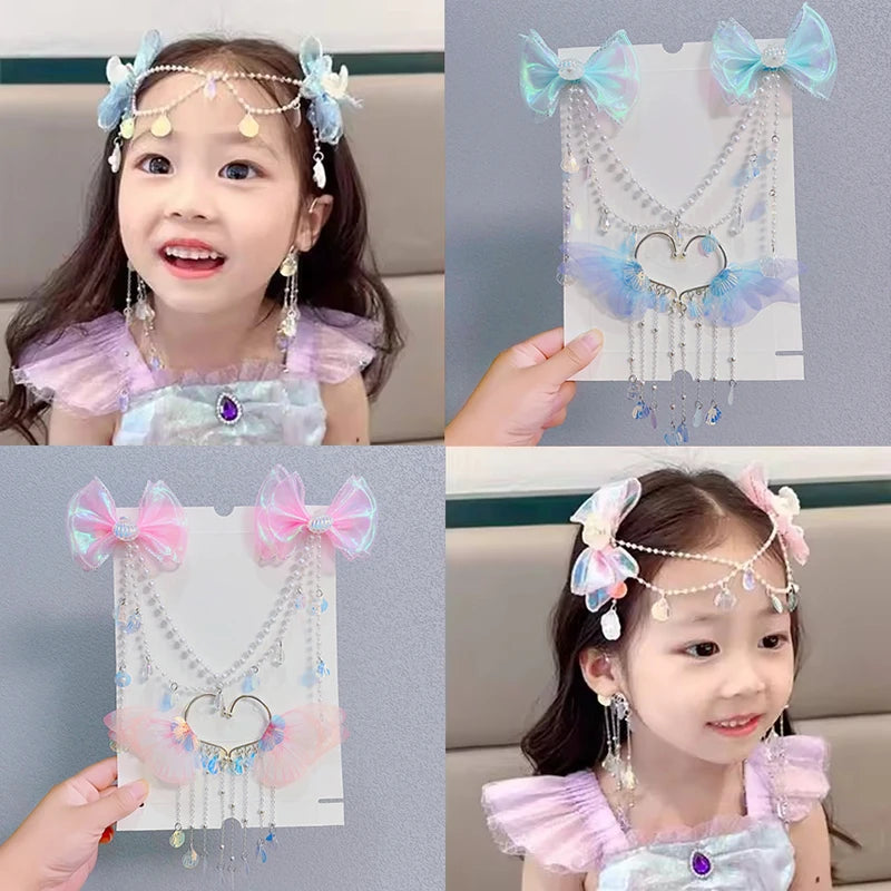 Sweet Tassel Hairclip Ear Hooks Set for Girls Kids Mermaid Elf Ear Cuffs Fairy Princess Non-Pierced Earrings Colorful Headwear