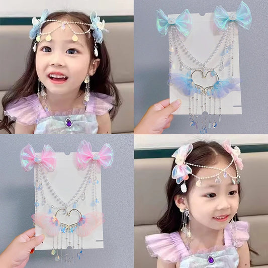 Sweet Tassel Hairclip Ear Hooks Set for Girls Kids Mermaid Elf Ear Cuffs Fairy Princess Non-Pierced Earrings Colorful Headwear