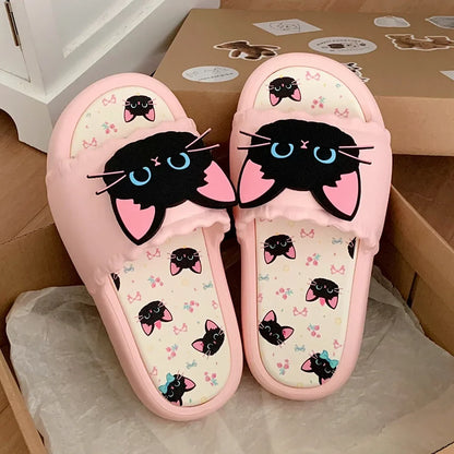 Summer Fashion Women's Slippers Cute Little Black Cat Sandals Soft Bottom Home Wear Couples Slippers PVC Material