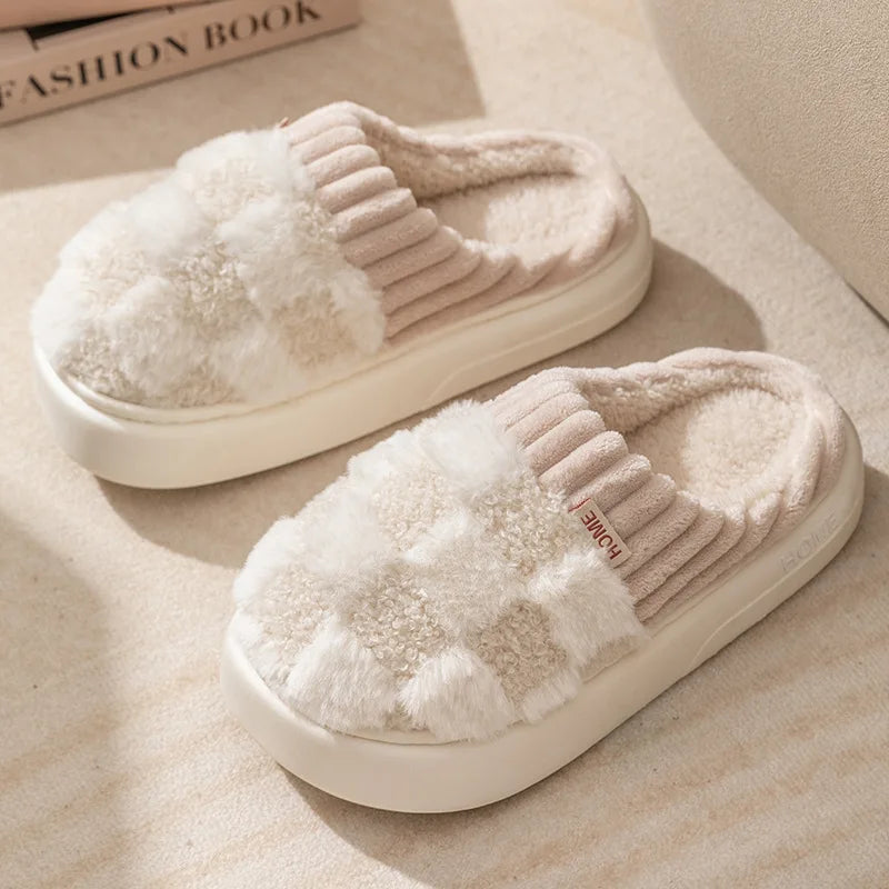 Litfun Winter Fur Fuzzy Slippers For Women New Pineapple Lattice Soft Sole Plush Shoes Non-slip Warm Home Fluffy Cotton Slippers