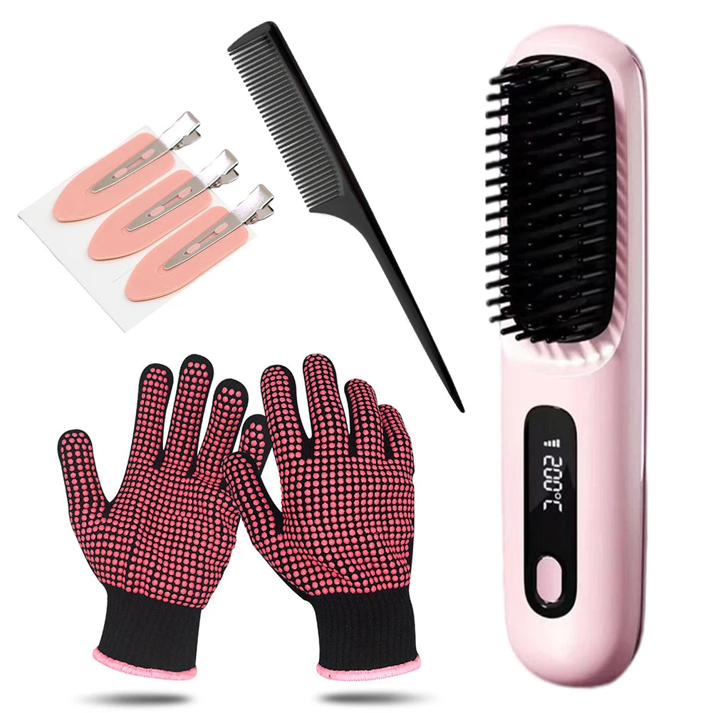 Portable Straightener Brush Cordless Hair Straightener Brush 3Setting Temperature Rechargeable Ceramic Hot Comb Brush for Travel